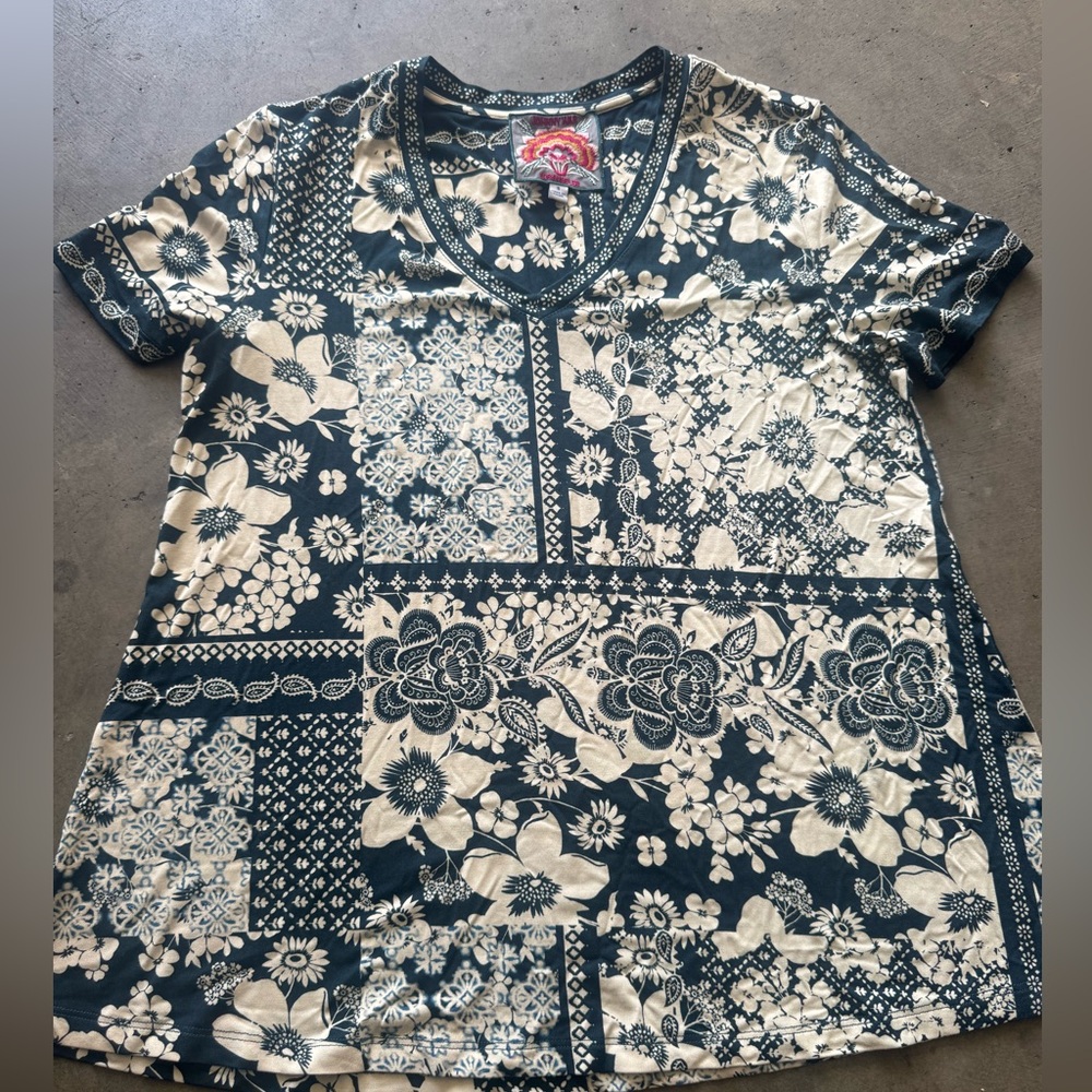 Johnny Was Navy and Cream Short Sleeve Floral Patchwork Tee